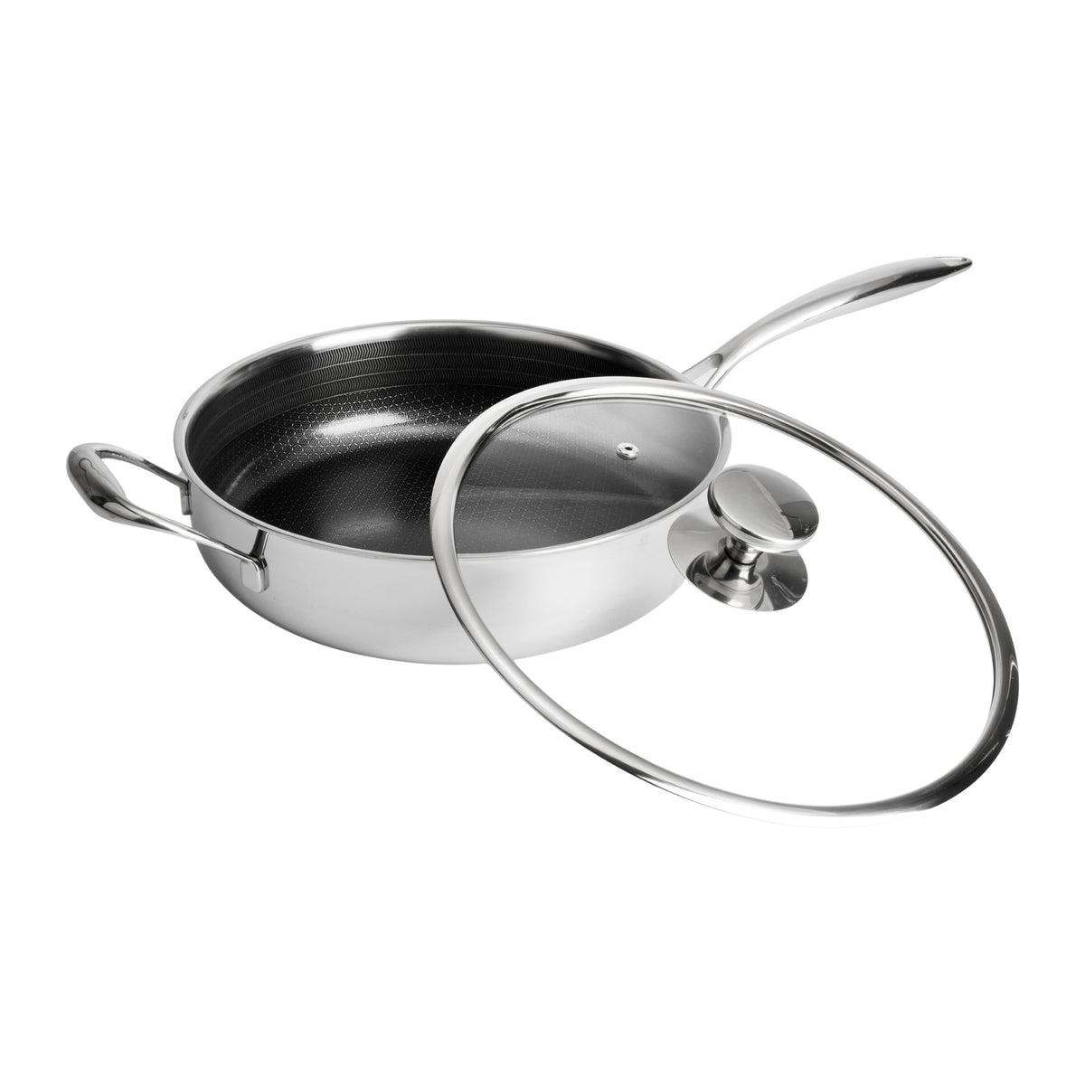 Hybridi-sautépannu Ø28 cm ja lasikansi vierellä