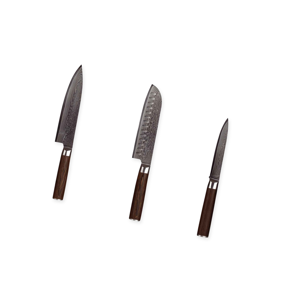 Damascus-veitsikolmikko – kokkiveitsi, santoku ja yleisveitsi – tuotepaketin sisältö