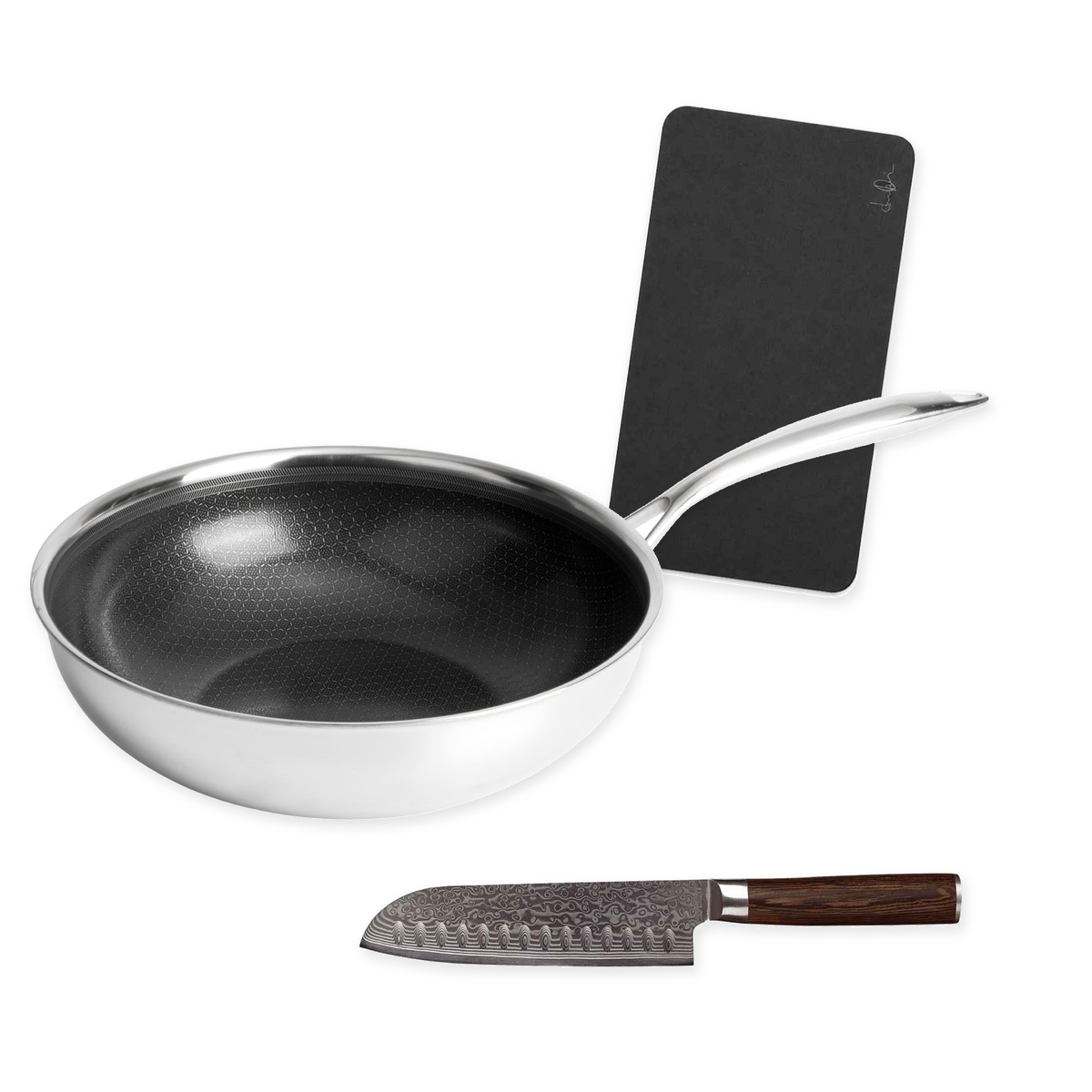 Wokin esivalmistelupaketti – wok Ø28, santoku ja leikkuulauta – tuotepaketin sisältö