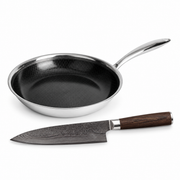 Kokin arkiduo: hybridipaistinpannu Ø24 cm ja Damascus-kokkiveitsi 20 cm