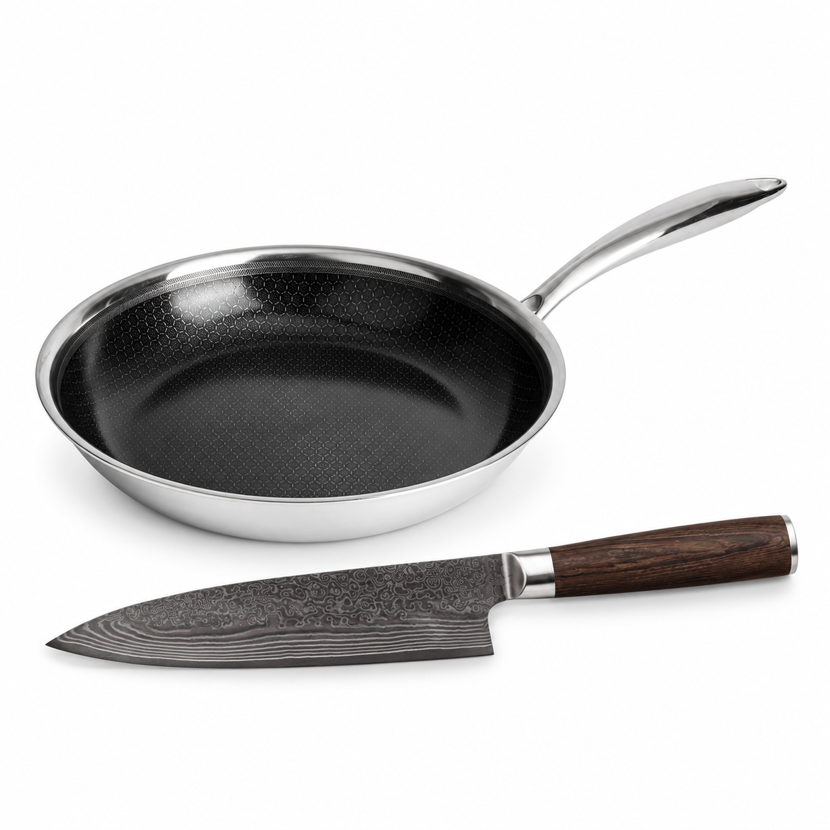 Kokin arkiduo: hybridipaistinpannu Ø24 cm ja Damascus-kokkiveitsi 20 cm