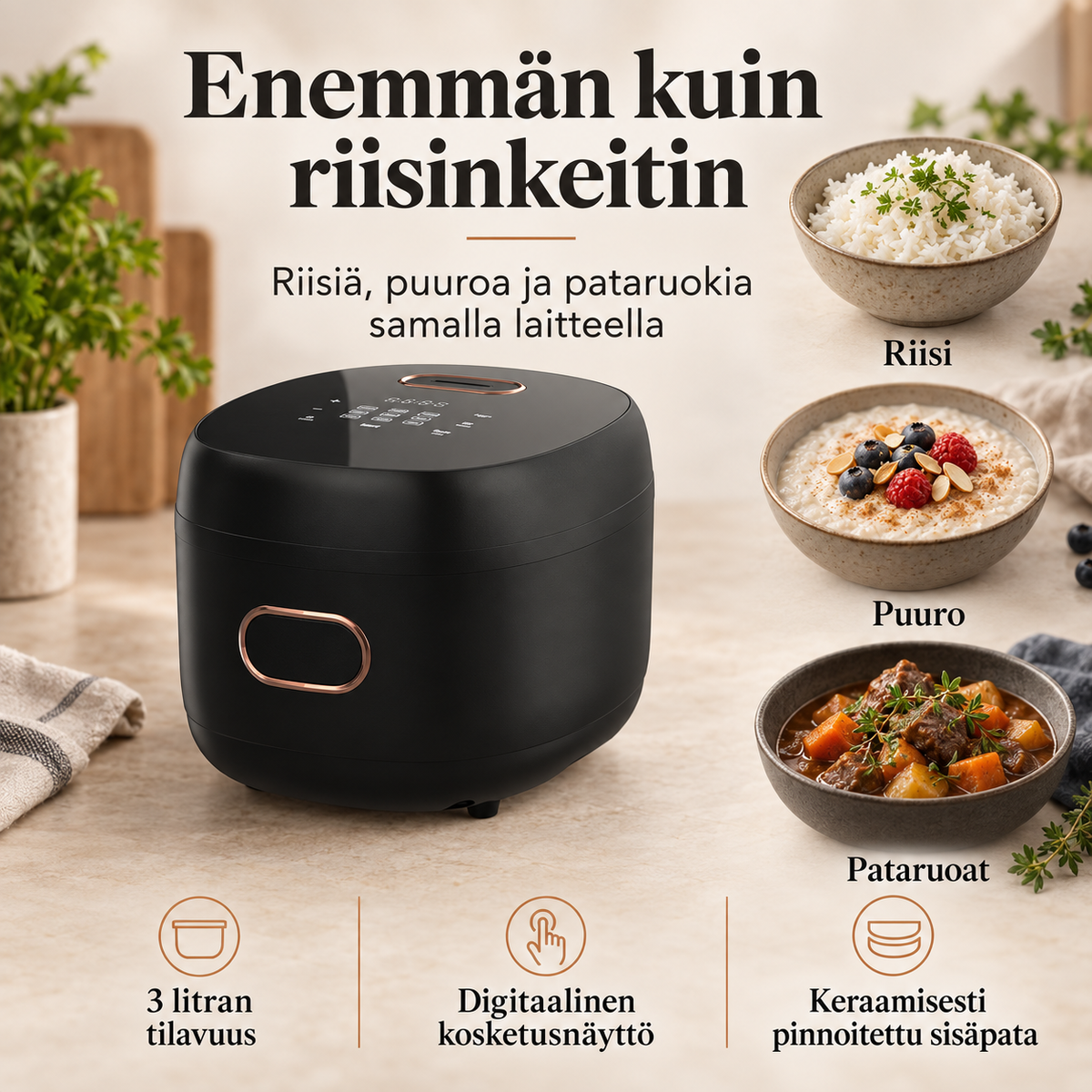 Riisinkeitin, puuro ja pataruoat – 3 litran monitoimikeittimen käyttötavat