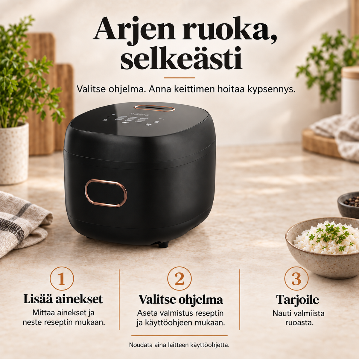 Monitoimiriisinkeittimen käyttö: lisää ainekset, valitse ohjelma ja tarjoile