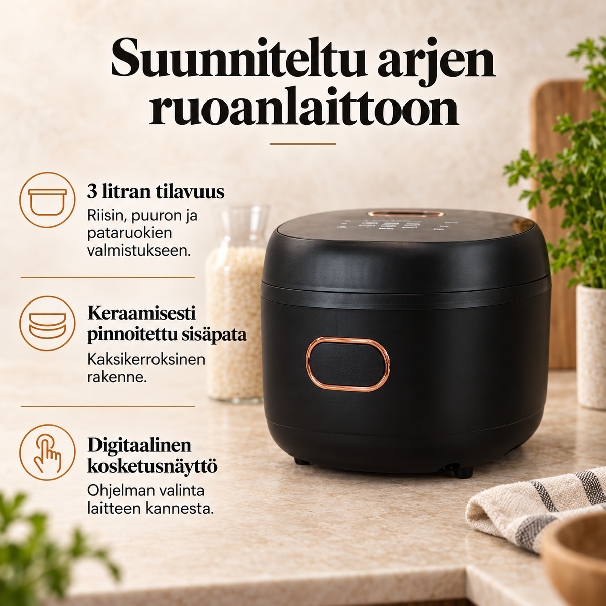 Monitoimikeittimen ominaisuudet: 3 litraa, keraamisesti pinnoitettu sisäpata ja digitaalinen kosketusnäyttö