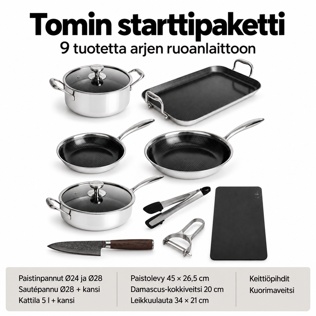 Tomin starttipaketti – sisältö ja koot